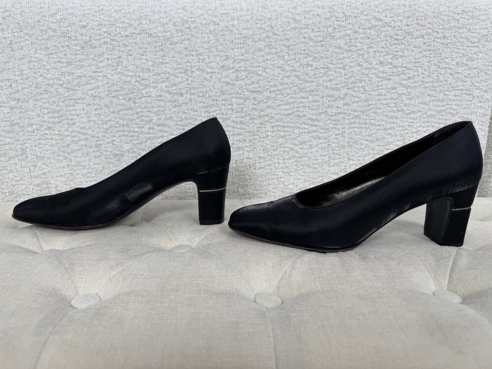 Salvatore Ferragamo 1990s Vintage Black Satin Pumps with Rhinestone Heel Trim S7 - Picture 4 of 15